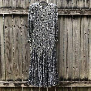 Vintage Judith Ann Beaded Formal Gown Size L Silver Lace Long Sleeve Maxi Dress